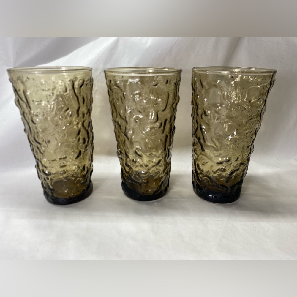 Set of 3 Anchor Hocking Lido Milano tapered crinkle glasses - Smoke Brown.
